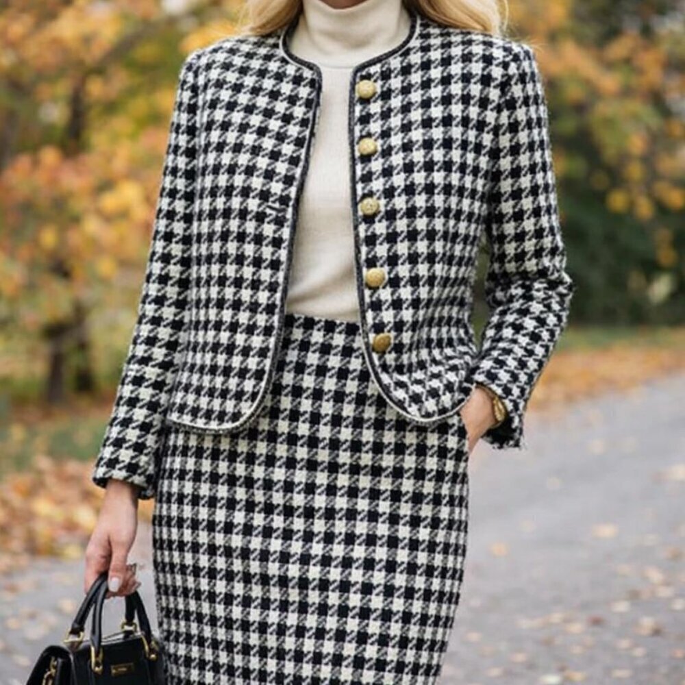 Vintage Rouie Classic Black & White Houndstooth Women's Jacket & Skirt Set sz M